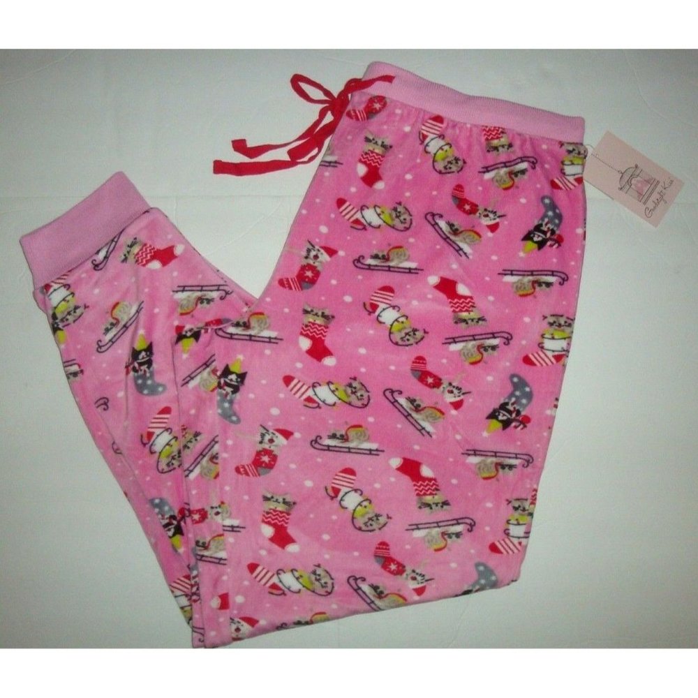 Goodnight Kiss Women's Christmas Minky Minky Sleep Pajama Joggers Pink Cats L